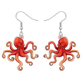 LONYOO Colorful Octopus Earrings Acrylic Dangle Jewelry for Women Gifts Funny Design Summer Party Ocean Charms (Red)