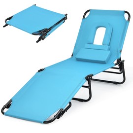 gotoplay Folding Beach Lounge Chair w/ 5 Adjutable Backrest & Padded Pillow, Sunbathing Lounger Chair, Sun Tanning Lay Flat Chair for Seaside Pool Deck, Max Load 330 LBS, No Assembly Required (Navy)