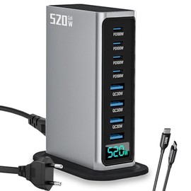 520W USB C Fast GAN Charger Block，8 Port USB Charging Station，Suitable for Multiple DevicesSmartphoneLaptopWall Charger Compatible (Silver)