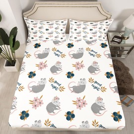 Cute Cartoon Animal Theme Bed Sheet Queen Size,Watercolor Flower Plant Sheets,Opossum Bedding Sets (1 Fitted,1 Flat,2 Pillowcases) Luxury Deep Pocket Bed Sheets