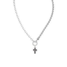 Delight Jewelry Silvertone Antiqued Celtic Cross Stronger Braver Smarter Mixed Cable and Imitation Pearl Chain Choker Necklace, 14.75-17"