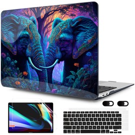 MEEgoodo MacBook Air 13 inch Case 2021-2018 with Touch ID, Plastic Hard Shell & Keyboard Cover, Compatible Devices: A2337/A2179/A1932, Glossy, Elephants