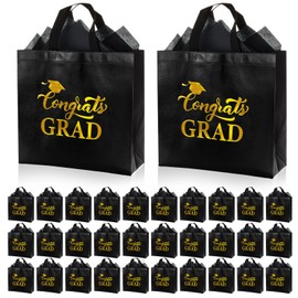 HunnmingRe 24 Sets Large Graduation Gift Bags 2025 with Handles and Tissue Papers Congrats Grad Non Woven Toe Bags for Graduation Party Favors Supplies Gifts,11.81 x 11.42 x 5.12 Inch, Black and Gold