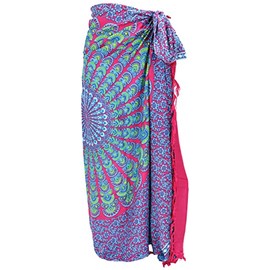 GURU SHOP Bali Sarong, Wall Towel, Wrap Skirt, Mandala Sarong Dress, Men/Women, Turquoise, Synthetic, Size: One Size, blue/pink