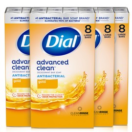 Dial Antibacterial Deodorant Bar Soap, Advanced Clean Gold, 4 Oz, 32 Bars, Round the Clock Odor Protection, Dermatologist Tested, With Clean Rinse Technology
