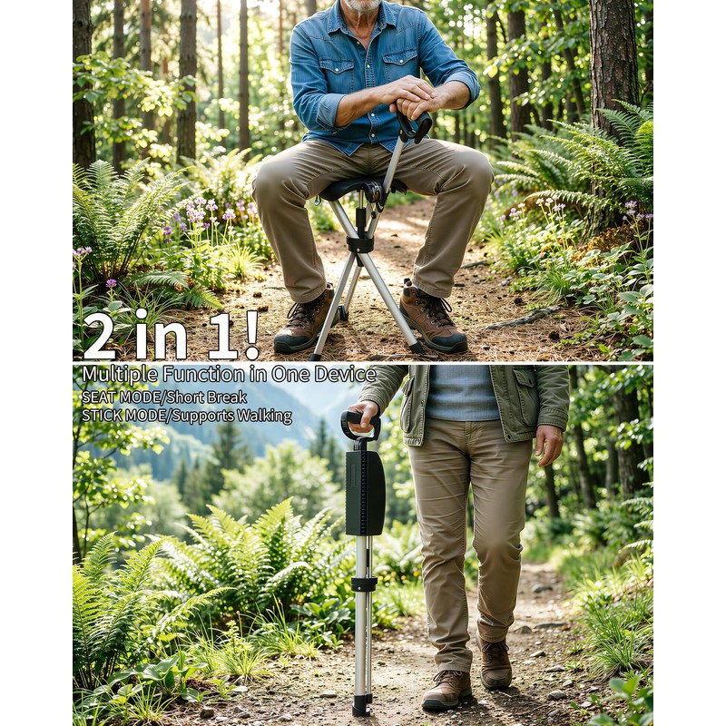 Portable Walking Stick Cane with Seat, Foldable Chair, Lightweight Aluminum,