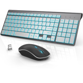 J JOYACCESS Combo de teclado y mouse inalámbrico con 7 opciones de retroiluminación, teclas de iluminación silenciosas, recargable tipo C, modo de reposo, 2.4G Slient portátil inalámbrico combinado