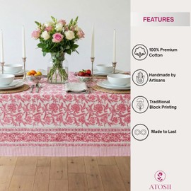 ATOSII Red Bloom 100% Cotton Rectangle Tablecloth, Block Print Floral Linen Table Cloth for Dining Parties Outdoors Weddings Holidays I 72 X 140 Inches, 12 Seater, Summer Farmhouse Grandmillennial