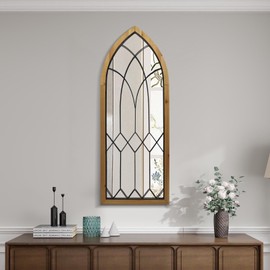 TopCity Arched Window Mirrors Farmhouse Wall Mirror 42"X16" Rustic Cathedral Entryway Mirror with Window Pane Wooden Decorative Mirror for Living Room,Fireplace,Hallway