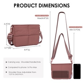 NOL Natural Organic Lifestyle Trendy Light-weight Small Quilted Puffy Crossbody Bag for Women, Waterproof with Removable Strap for Shopping, Travel and Work, Dark pink