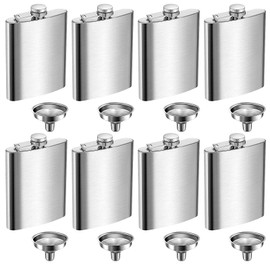 8 Pcs Hip Flasks for Liquor, 8 OZ Stainless Steel Leakproof Thin Flasks with Funnel for Men & Women, Stainless Steel Flask Hip Flask Set for Wedding Party, Groomsman, Bridesmaid, Gift (Silver)
