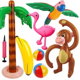 Pack of 8 Inflatable Palm Trees Coconut Tree Set, Hawaii Beach Toy Set Including Coconut Tree Banana Flamingo for Summer Swimming Pool Hawaii Decoration Theme Party