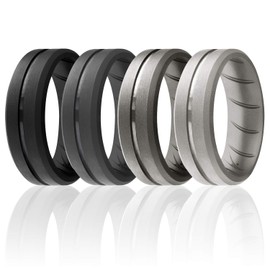 ROQ Silicone Rubber Wedding Ring for Men, Comfort Fit, Men's Wedding Band, Breathable Rubber Engagement Band, 8mm Wide 2mm Thick, Engraved Duo Middle Line, 4 Pack, Silver, Grey, Black, Size 16