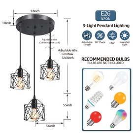 ROCUNSI 3-Light Pendant Light Fixtures, Farmhouse Hanging Pendant Lighting, Dining Room Chandelier, Industrial Kitchen Island Hanging Light Fixture, Black Metal Cage Pendant Ceiling Lamp for Kitchen