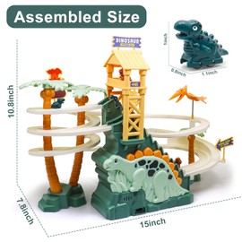 Dinosaur Race Track - Climbing Slide Stair Toy for 3 4 5 Year Old Boys Birthday Gift, Sliding Car Dinosaur Toy Track with Music and Light, Dino Game Boy Toys Age 4-7 (Green)