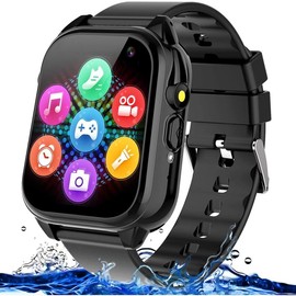 Waterproof Smart Watch for Kids 3-12 Years Old Boys Toys with 26 Games, Video Camera, Pedometer, Music Player, Alarm Clock, Flashlight, HD Touchscreen Toddler Watches Girls Birthdays Gifts - Color: Black