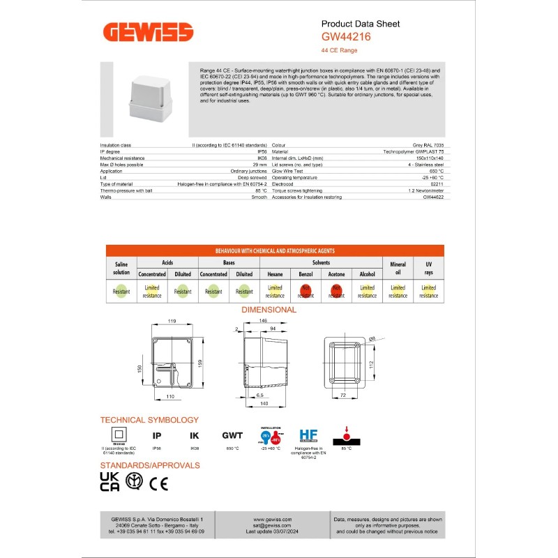 GEWISS GW44216 Junction Box With Deep Screwed LID - IP56