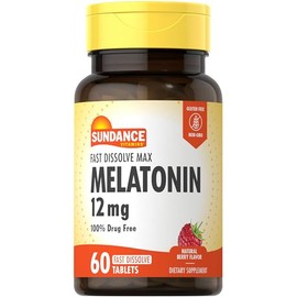 Melatonina 12mg | 60 tabletas de disolución rápida | Sabor natural de bayas | Suplemento vegetariano, sin OMG y sin gluten | por Sundance | Suplemento