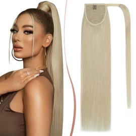 Elailite Human Hair Ponytail Extension Straight - Wrap Around Clip in Real Hair Ponytail 100% Remy Hair (#60 Platinum Blonde, 22 Inch)