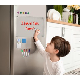 Acrylic Note Board Refrigerator Dry Erase Board Magnetic Clear 17”x12 Includes 4 Dry Erase Markers 4 Wet Erase Markers 6 Extra Strength Neodymium Rare Earth Magnets
