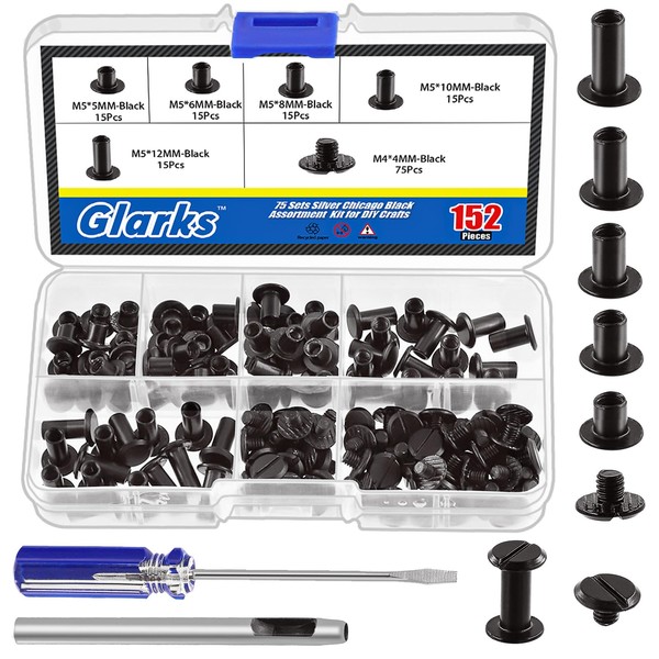 Glarks 150 Sets Black Chicago Screws Assorted Kit, M5 x