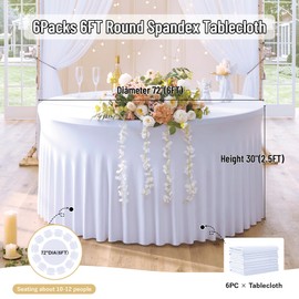 leegleri 6 Pack Spandex White Round Tablecloths for 72in Table, Stretchy 132inch Fitted 6FT Round Table Cloths, Wrinkle Free Table Cover with Skirt for Wedding Birthday Party Bridal Shower Banquet