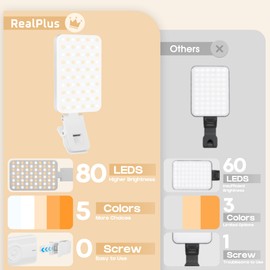 Phone Light, RealPlus Selfie Light for Phone Clip On 2000mAh with 80 LEDs & 5 Colors for Phone, Tablet, Laptop, Zoom Meeting, Makeup, Video (Pure White)