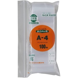 Unipak A-4 Plastic Bags with Zipper, 2.0 x 2.8 inches (50 x 70 mm), Pack of 100