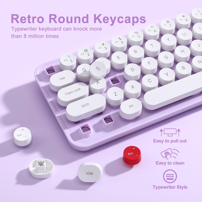 MIKIBY i68 Wireless Typewriter Keyboard and Mouse Combo,Purple Keyboard with