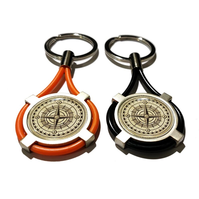 Keyring Wind Rose Compass Compass Satin Steel and Rubber Men