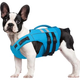 Kuoser Small Dog Life Jacket, High Flotation Doggie Life Vest for Swimming Boating, Reflective Pet Swimming Vest Pet Life Preserver with Rescue Handle, Blue XS