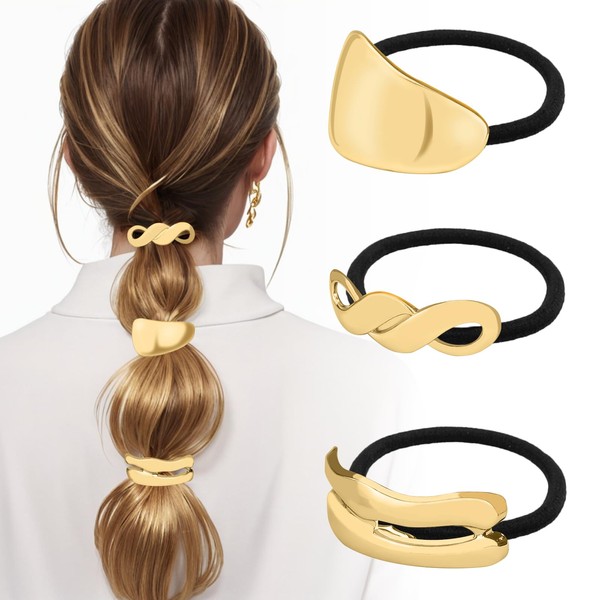 JIRIS 3PCS Metal Hair Tie For Women,Gold Cuffs,Metal Geometric Gold
