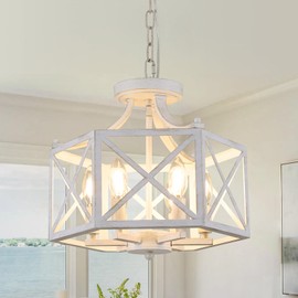 ZSDHXi 6-Light Antique White Pendant Light, Modern Farmhouse Chandeliers for Dining Room, Adjustable Hexagonal Metal Hanging Light, Vintage Geometric Pendant Lighting for Kitchen Island Entryway Foyer
