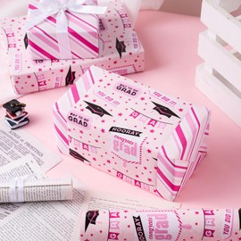 LeZakaa Graduation Reversible Wrapping Paper Roll - Pink Mini Roll - Trencher Cap & Stripe Design - 17 inches x 32.8 Feet (46.45 sq.ft.)