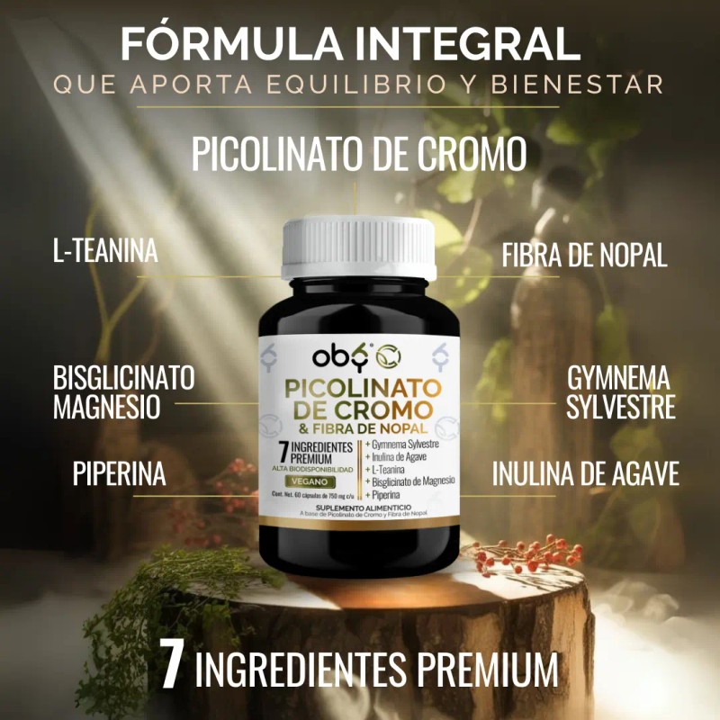 Picolinato Cromo Fibra Nopal Magnesio Teanina Gymnema Inulina Piperina 100
