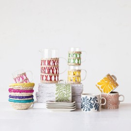 Creative Co-Op Glass Pitcher with Woven Sleeve, Red and Natural