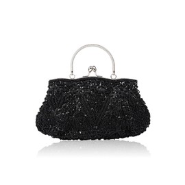 CORIOS Evening Clutch Bag for Women Vintage Beaded Sequin Handbag Bridal Wedding Purse Fashion Floral Shoulder Bag - 1920s Accessories Glitter Crossbody Bag for Banquet Party Cocktail Prom Black
