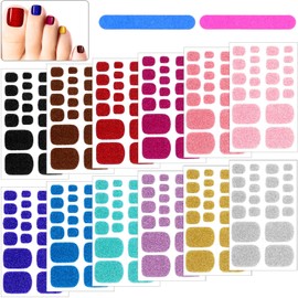 12 Sheets Glitter Toe Nail Wraps Self-Adhesive Toe Nail Polish Stickers Solid Color Nail Art Decals Strips Glittery Manicure Kit with 12 Styles and 2 Pieces Nail Files for Women Girls