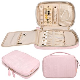 Voova Travel Jewelry Holder Organizer Case, Large Traveling Jewelry Storage Book Bag for Women Girls, Portable Jewellery Roll Pouch Folio for Necklaces, Rings, Earrings, Bracelets, Watch, Beige,Grey,Pink - Color: Light pink