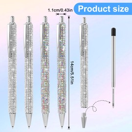 Bremorou Pack of 4 Glitter Ballpoint Pens, Rhinestone Ballpoint Pens, Retractable Diamond Pens, Metal Pens, for Women and Girls, School, Office Supplies with 4 Refills, Silver