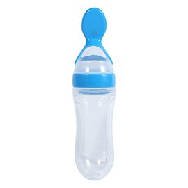 1PCS Baby Food Squeeze Dispensing Spoon Feeder, Silicone Baby Toddler Feeding Bottle, Fresh Food Cereal Squeeze Feeder Hot with Spoon, BPA Free(Blue)