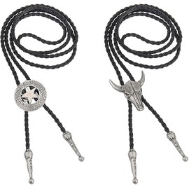 Set of 2 Bolo Tie Western Ties - Vintage Leather Rodeo Pendant for Men and Women, Ideal for Cowboy Costumes, Western Outfits, Cowboy Shirts and Vests, Includes Cow Skull and Ranger Star Design, Flower