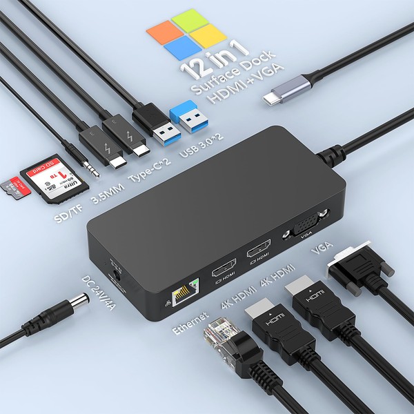【2025新モデル】マイクロソフト Surface Thunderbolt 4 ドック トリプルディスプレイ(4K HDMI*2+VGA) Surface ドッキングステーション Surface