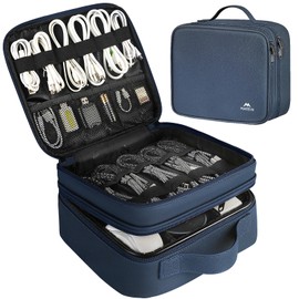 MATEIN Cord Organizer Box, Waterproof Travel Electronic Storage, Shockproof Portable Double Layer Tech Bags Carrying Case for Cord, Earbuds, Charger, SD Card, Tech Gifts, Blue