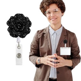 AWOCAN Retractable Badge Reels Glitter ID Rose Flower Badge Holder with 360 Degree Rotatable Alligator Clip for Office Worker (Black)