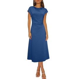 Happy Sailed Formal Dresses for Women Elegant Cowl Neck Short Sleeve Ruched Waist Midi Cocktail Party Dress for Wedding Guest Fashion 2025 Navy Blue X-Large