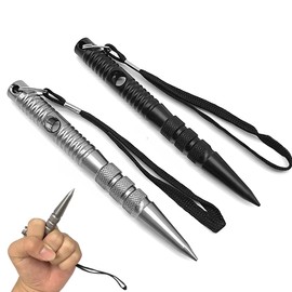 NHPY Pack of 2 Multifunctional Keyrings, Tactical Pen, Extra Grip Surface, 13 cm for Large Hands, Key Fob 2 Ways to Use, Emergency Hammer (Black/Silver, C)