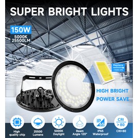 BOKELUNA 2 Pack UFO LED High Bay Light 150W (750W/HPS Eqv), 25500lm, 5000K Daylight High Bay Shop Lights with 5ft Cable US Hook,U Bracket, IP65 Commercial Light Fixture for Garage