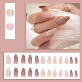 YoYoee Short Nude Nails Tips French False Nails Almond Press on Nails Full Cover Glitter Fake Nails for Women and Girls 24PCS