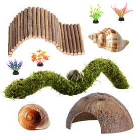 Hermit Crab Accessories, Natural Adjustable Hermit Crab Climbing Toys Bendable Bridge, Coconut Shell Hideout Hut, Plants for Reptiles & Amphibians Supplies(B-Group-9PCS)